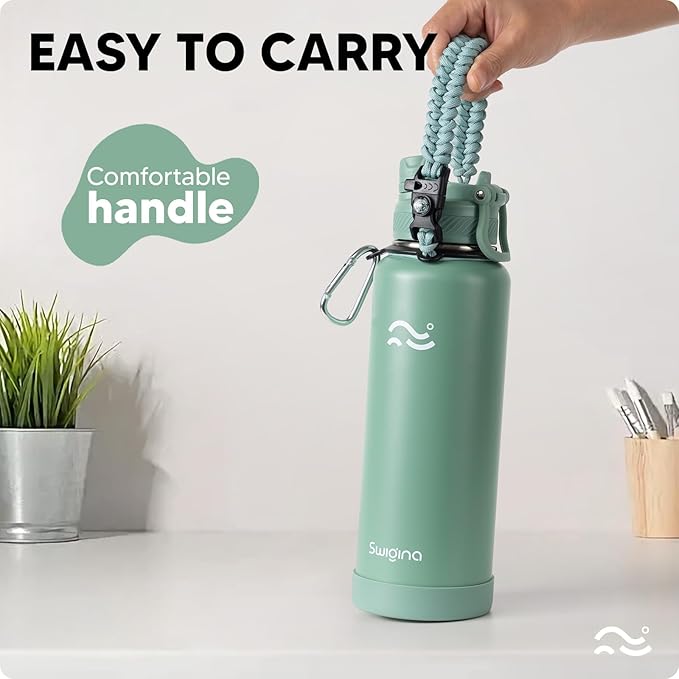 [2-IN-1 LID] Insulated Water Bottle with Silicone Boot (36hrs Cold/18hrs Hot) - DIY Stickers, Leakproof, BPA Free, 40 oz