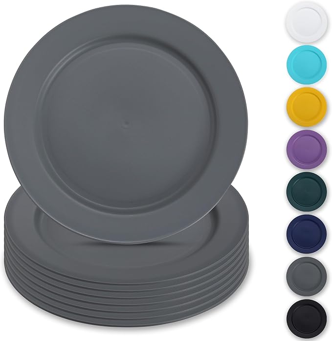 Berglander Plastic Plates Set of 8 Pieces 10", Gray Reusable Flat Dinner Plates, Salad Plates, Pasta Bowls, Dishes Set Easy to Carry for Home, Garden, Picnic, Camping, Outdoor