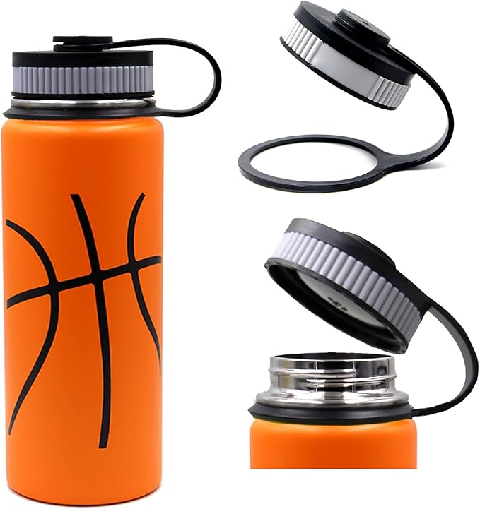 18 oz Basketball Water Bottle, Metal Thermo Travel Tumbler Sports Flask with 2 Lids, Stainless Steel Double Wall Vacuum Leak Proof Insulated Water Bottles, Basketball Accessories Gifts for Boys Girls