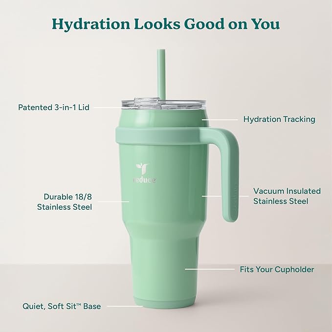 REDUCE 40 oz Stainless Steel Tumbler with Handle - Dual-Wall Vacuum Insulated Travel Mug, Sweat-Proof Lid & Reusable Straw - Keeps Drinks Cold for 24 Hrs, Fits Cupholders, Dishwasher Safe - Matcha