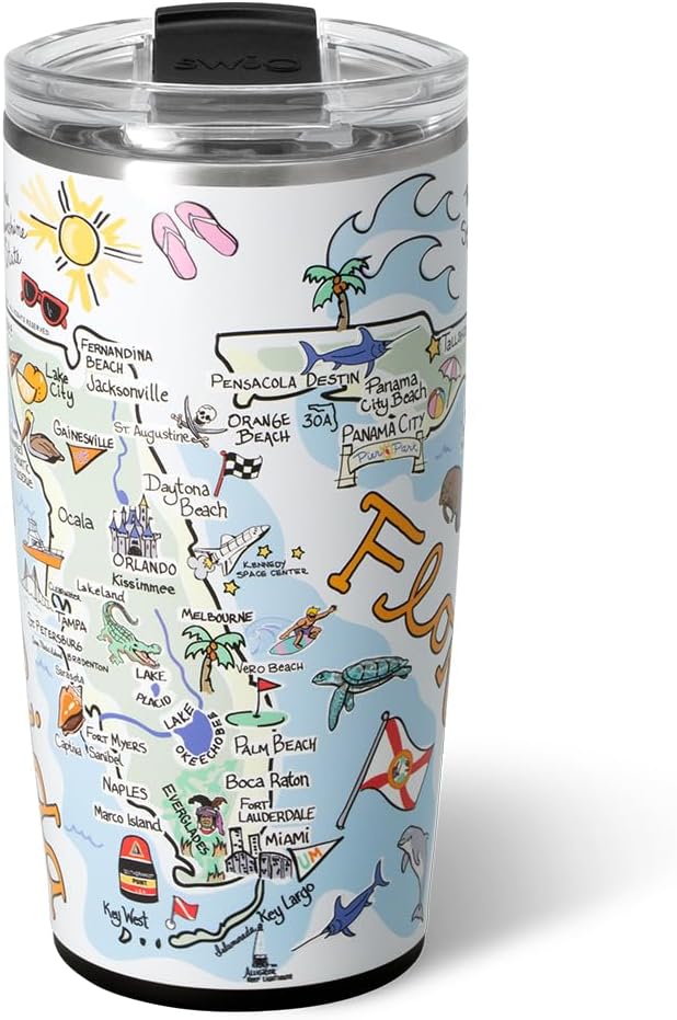 Swig Life 22oz Travel Mug, Insulated Tumbler with Handle and Lid, Travel Coffee Mug, Cup Holder Friendly, Stainless Steel 22 oz Tumbler, Reusable Insulated with Lid (Florida)