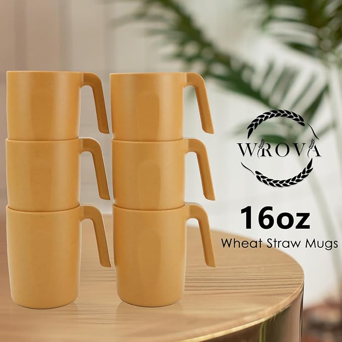 Wrova 16oz Wheat Straw Cups with handles set of 6-Plastic Cups Reusable-Unbreakable Kids Mugs-Dishwasher Safe & Microwave Safe-Ideal Mugs for Tea,Coffee,Camping,RV-Banana Yellow