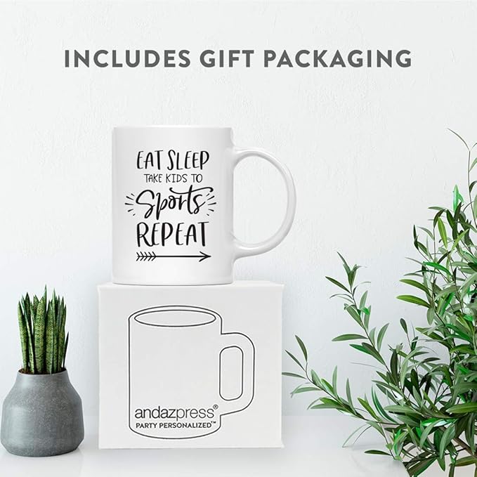 Andaz Press Mother's Day 11oz. Ceramic Coffee Tea Mug Gift for Mom, Eat. Sleep. Take Kids to Sports. Repeat, 1-Pack