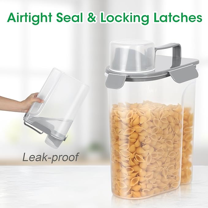 TBMax Rice Container 2 Pack, Airtight Cereal Container Oatmeal Storage with Easy-pouring Spout & Handy Cup for Flour Grain Beans, Pet Dog Cat Bird Food Storage Dispenser-Light Grey