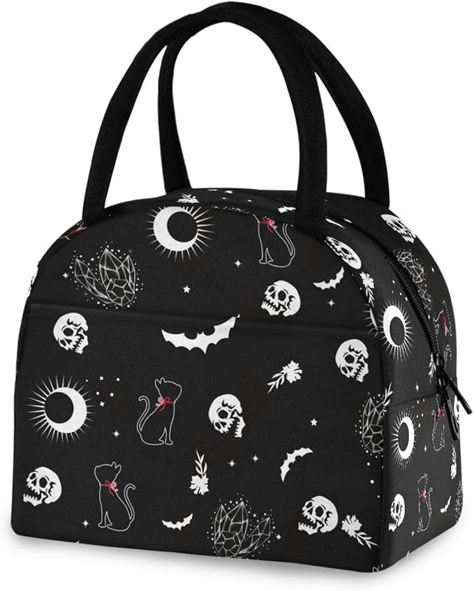 Skull Cat Moon Gothic insulated Lunch Bag Travel Picnic Durable Bags Shopping Box for Women Office Work School Picnic Hiking