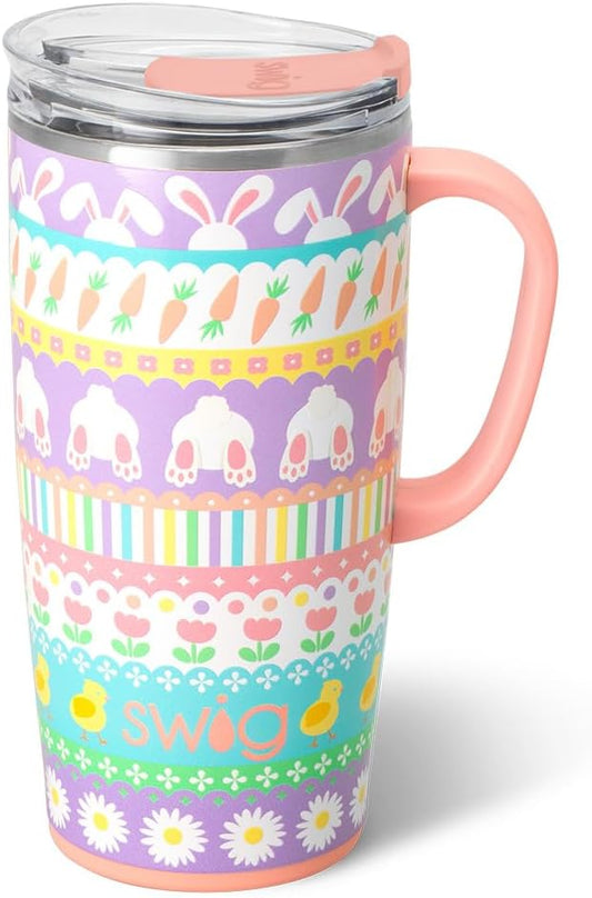 Swig Life 22oz Travel Mug, Insulated Tumbler with Handle and Lid, Cup Holder Friendly, Dishwasher Safe, Travel Coffee Cup, Easter Basket Stuffers, Easter Gifts for Women (Bunny Trail)