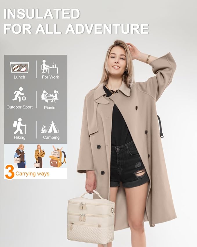 Capolo Lunch Box for Women Men Adults,Double Deck Insulated Lunch Bag Leakproof Lunch Cooler Box with Removable Strap Lunch Tote Bags Reusable Thermal Lunchbox for School Work Picnic(Large,Beige)