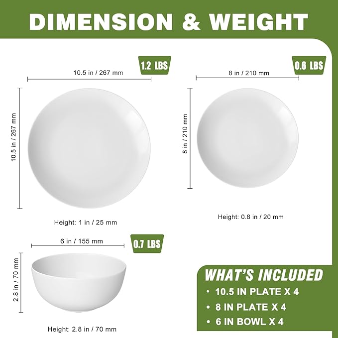 Yoshy 12-Piece White Bone China Dinnerware with Lightweight Durable Chip Resistant Design Service for 4