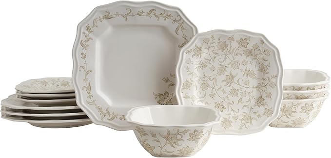 222 Fifth 12-Piece Porcelain Dinnerware Set for 4, Glossy Cream Plates and Bowls Set with Taupe Flowers, Elegant Square Ceramic Dish Set, Kitchen Tableware, Microwave & Dishwasher Safe, Batik Toile