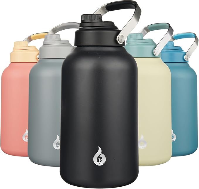 BJPKPK 1 Gallon Water Bottle Insulated, Dishwasher Safe 128oz Large Water Jug with Metal Handle & BPA Free Spout Lid, Stainless Steel Metal Thermo for Gym, Sports & Hiking, Black