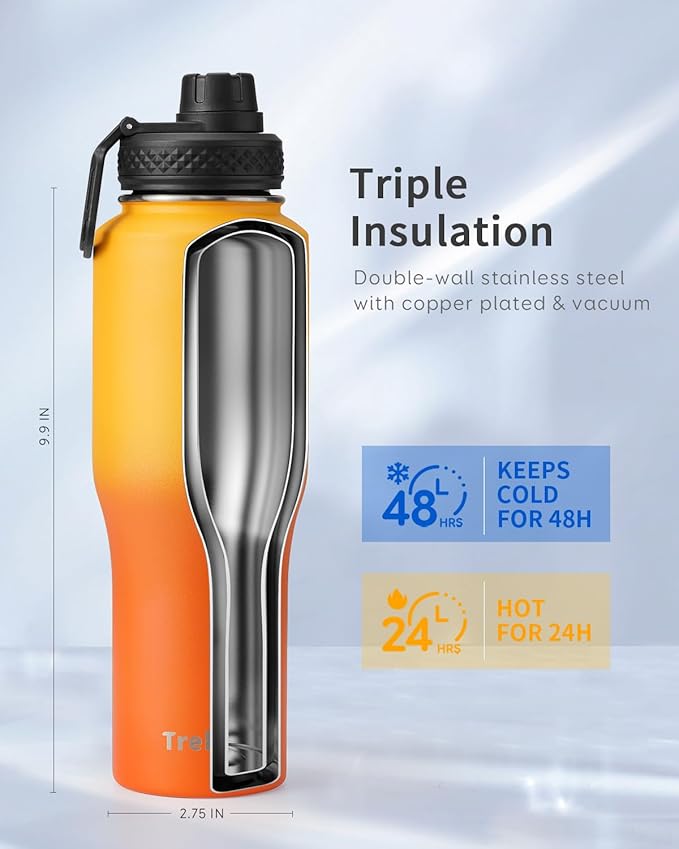 Trebo 32oz Insulated Water Bottle that Fits in Cup Holder, Stainless Steel Bottles Tumbler Double Wall Metal with Straw Spout Lids,Travel Flask with Paracord Handle, Sweat Proof Keep Cold &Hot,Orange