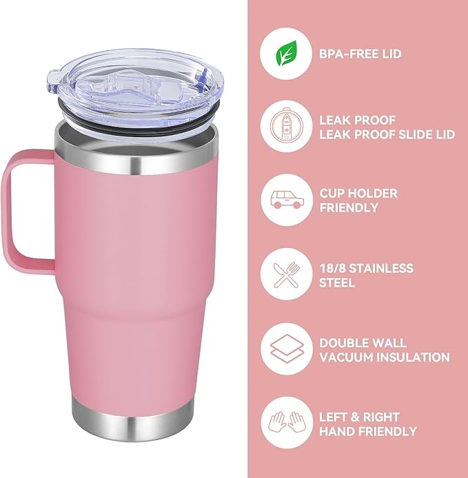 VEGOND 20 oz Tumbler with Handle Lid and Straw, Stainless Steel Insulated Travel Coffee Mug Spill Proof Double Wall Metal Tumbler Cup Keeps Drink Hot and Cold, Pink 1 Pack