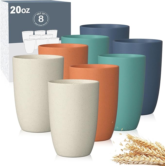 Wheat Straw Cups 8 PCS Good Alternative to Plastic Reusable Cups 20 oz Unbreakable Drinking Cup Reusable Dishwasher Safe Water Plastic Glasses Colorful Series