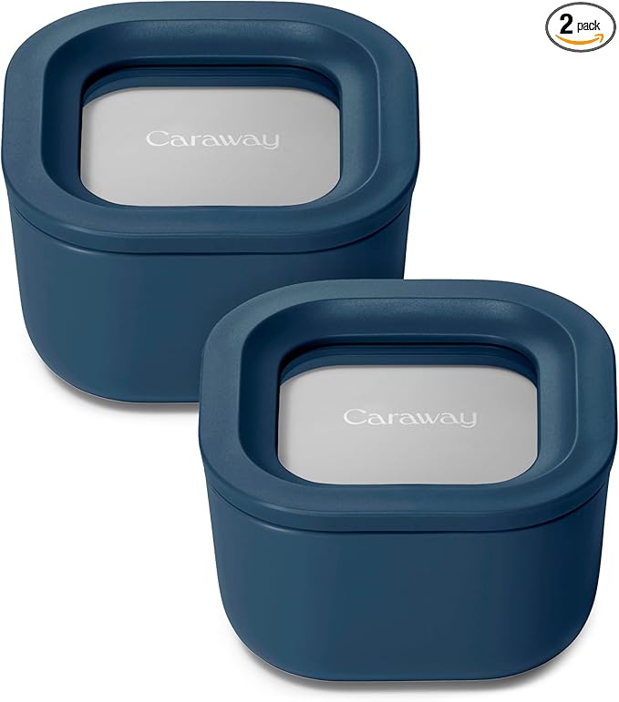 Caraway 2pc Glass Food Storage Set - 1.75 Cup Food Containers (2) - Non-Toxic Ceramic-Coated Glass - Air Release Technology - Compact & Stackable Design - Navy