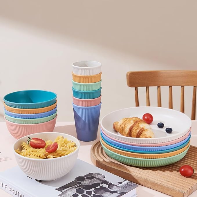 18pcs Wheat Straw Dinnerware Sets, HXYPN Unbreakable Reusable Dinnerware Set Kitchen Cups Plates and Bowls Sets Dishwasher Microwave Safe Plates
