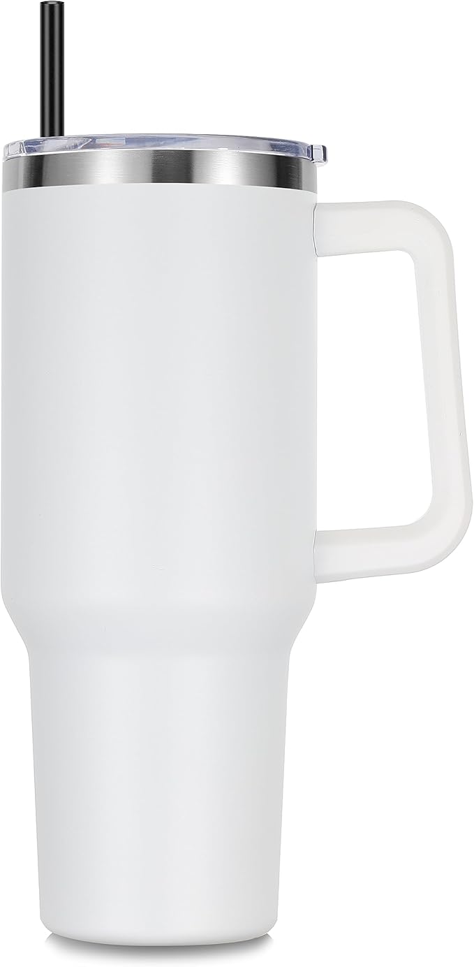 DOMICARE 40 oz Tumbler with Handle and Straw, Stainless Steel Tumbler with Lid and Straw, Reusable Vacuum Insulated Cup, Travel Coffee Mug, White, 1Pack