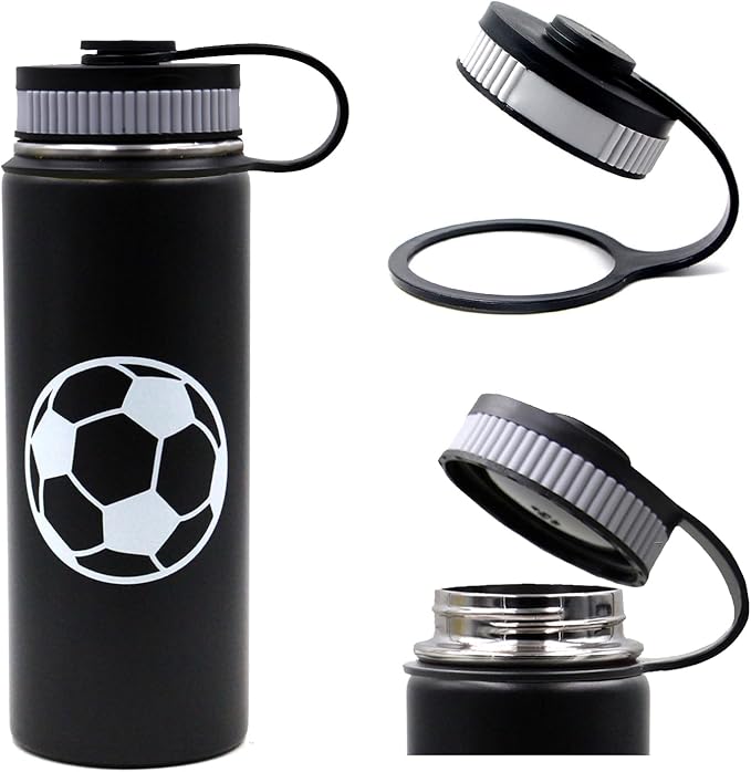 18 oz Soccer Water Bottle, Metal Sports Flask with 2 Lids, BPA-Free 18/8 Stainless Steel Leak Proof Travel Tumbler Double Wall Vacuum Insulated Water Bottles, Soccer Stuff Gifts for Boys Girls Players