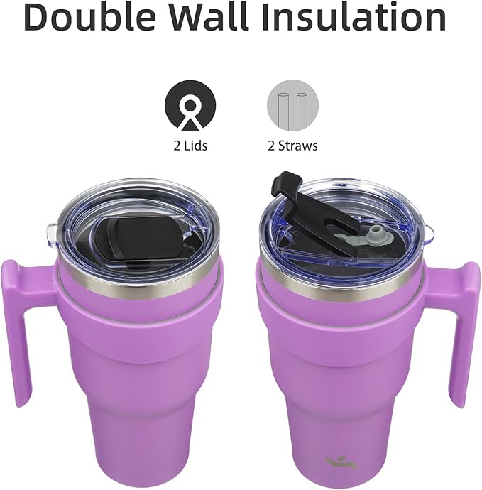 40 oz Tumbler with Handle and 2 Straw 2 Lid, Insulated Water Bottle Stainless Steel Vacuum Cup Reusable Travel Mug,Lavender