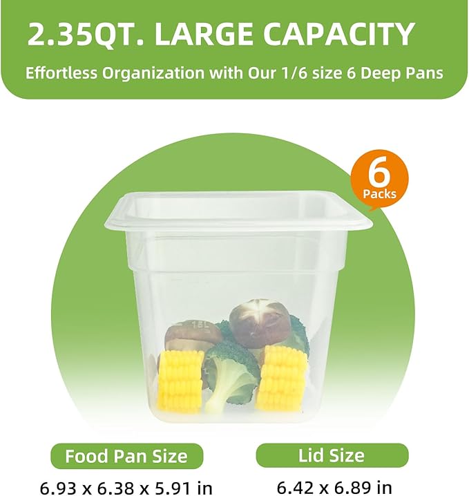 6-Pack Food Pan with Lids, 1/6 Size Food Storage Containers for homes, schools, restaurants, hotels Meal Prep, -40℉-160℉, Stackable, Freezer-Safe (1/6 size 4 inch deep, 1.53L/1.62QT)