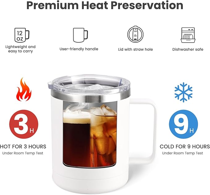 MEWAY 12oz Coffee Mug With Handle 4 Pack Bulk,Stainless Steel Insulated Travel Tumblers With Sliding Lid,Double Wall Vacuum Camping Cup for Hot & Cold Drinks Tea (White,Set of 4)