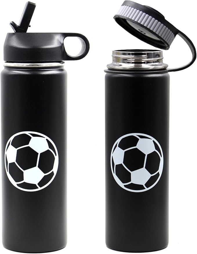 22 oz Soccer Water Bottle, Metal Sports Flask Travel Tumbler with 2 Lids, BPA Free 18/8 Stainless Steel Leak Proof Double Wall Vacuum Insulated Water Bottles, Soccer Stuff Gifts for Boys Girls Players