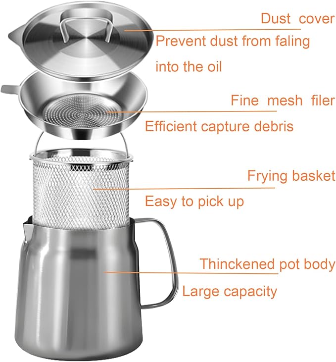 68oz/2L 304 Stainless Steel 3-in-1 Multifunctional Oil Strainer Pot, Deep Frying Basket, Grease Container for Kitchen