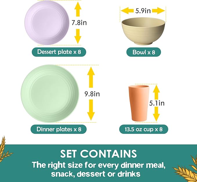 Teivio 32-Piece Kitchen Plastic Wheat Straw Dinnerware Sets, Service for 8, Dinner Plates, Dessert Plate, Cereal Bowls, Cups, Unbreakable Outdoor Camping Dishes Set,Colorful Hues