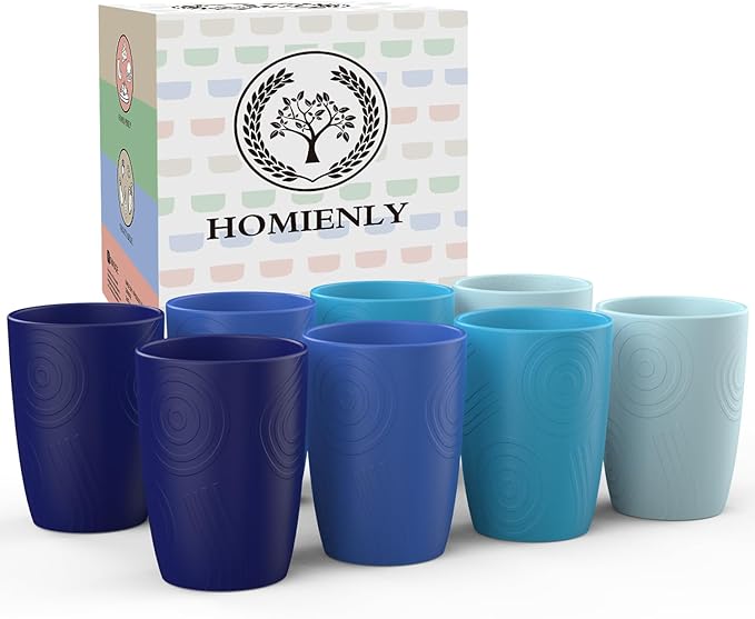 Homienly Wheat Straw Cups Set of 8, 12oz Drinking Cups, Plastic Cups Reusable Dishwasher Safe, Water Cups Set for Juice, Milk, Coffee - Ocean