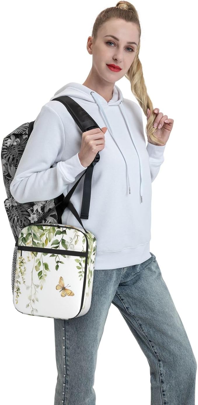 SUPLUCHOM Lunch Bag Butterfly Watercolor Botanical Leaf Insulated Bento Box Cooler with Side Pocket for Girl Boy Women Men Work School Picnic Hiking Daytrip