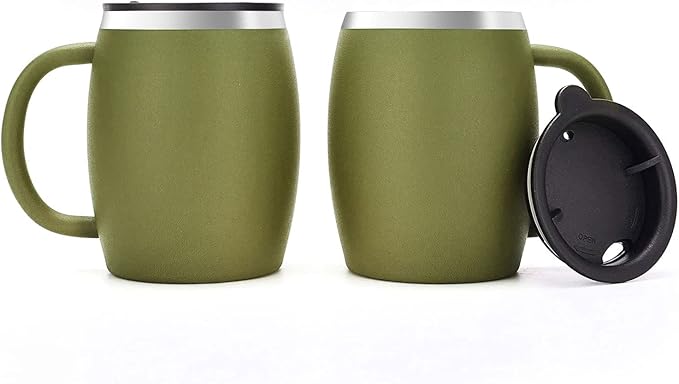 Stainless Steel Insulated Coffee Mugs Set of 2 (14oz) – Double Wall Coffee Cups With Spill Resistant Lid & Strong Handle, Shatterproof Cups for Cold Drinks, Hot Beverages, Indoor & Outdoor Use
