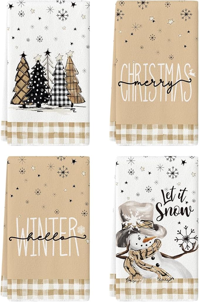 Artoid Mode Brown Buffalo Plaid Snowman Xmas Trees Christmas Kitchen Towels Dish Towels, 18x26 Inch Hello Winter Decoration Hand Towels Set of 4