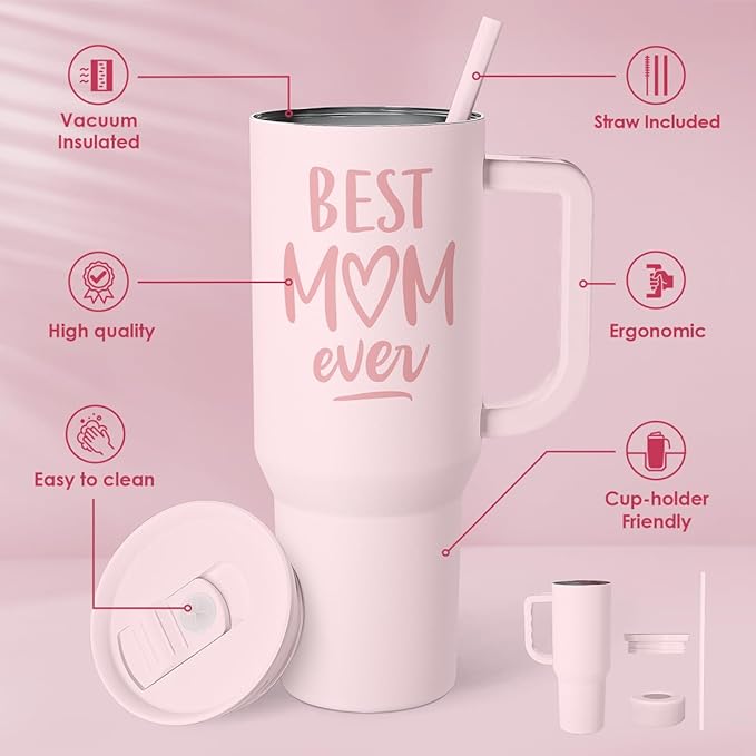 Gift for Mom - Best Mom Stainless Steel Tumbler with Handle, Travel Coffee Mug for Moms - Gifts for Birthday Christmas Mothers Day, 40oz