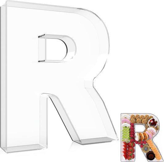 13.8" Extra Large Acrylic Letter Charcuterie Board Box, Reusable Fillable Letter Cake Candy Dish Display Serving Tray for Birthday Anniversary Party Decoration (R)