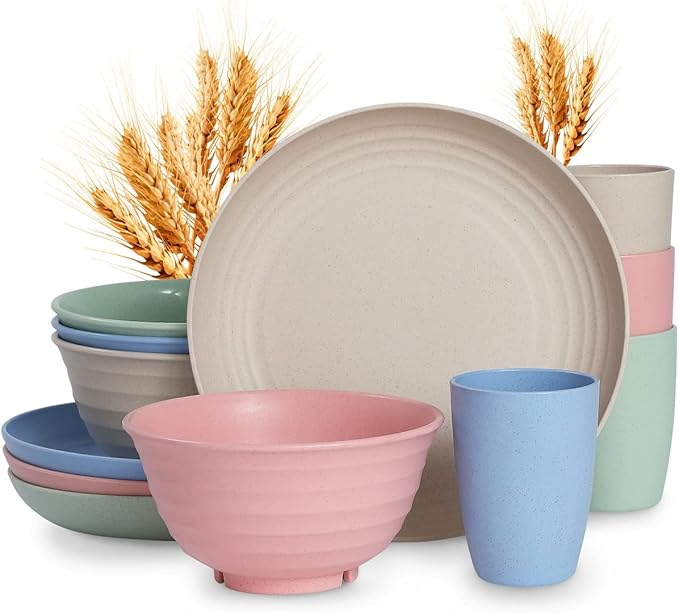 12pcs Plastic Wheat Straw Dinnerware Sets, Wheat Straw Plates and Bowls Sets for 4 College Dorm Room Essentials Microwave Dishwasher Safe (Colourful)