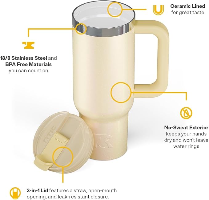 RTIC 30 oz Road Trip Tumbler Double-Walled Ceramic Lined InsulatedStainless Steel Portable Travel Coffee Mug Cup with Lid, Handle and Straw, Sunlight Glitter