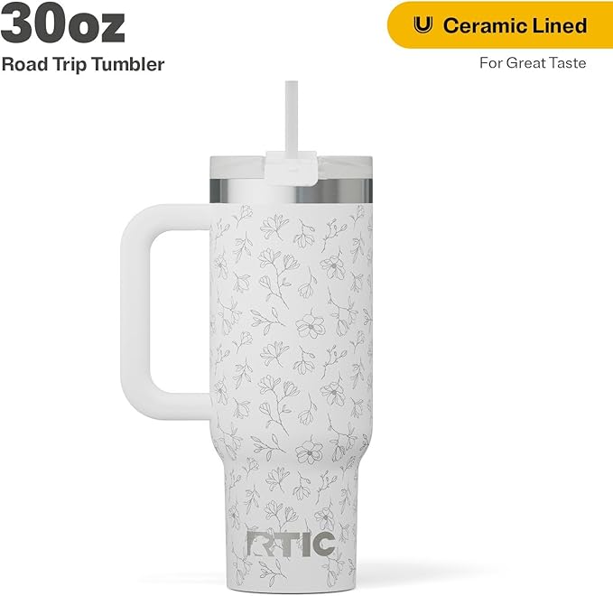 RTIC 30 oz Road Trip Tumbler Double-Walled Ceramic Lined InsulatedStainless Steel Portable Travel Coffee Mug Cup with Lid, Handle and Straw, White Magnolias
