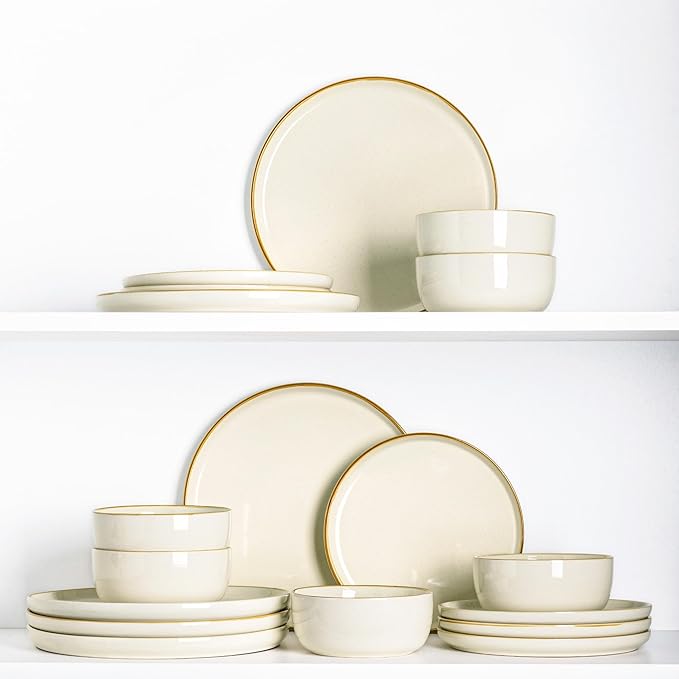 AmorArc Dinnerware Set, 12 Pieces Ceramic Plates and Bowls Sets, Stoneware Plates Set Handpainted, Dishwasher & Microwave Safe Dishes (Speckled Beige, Service for 4)