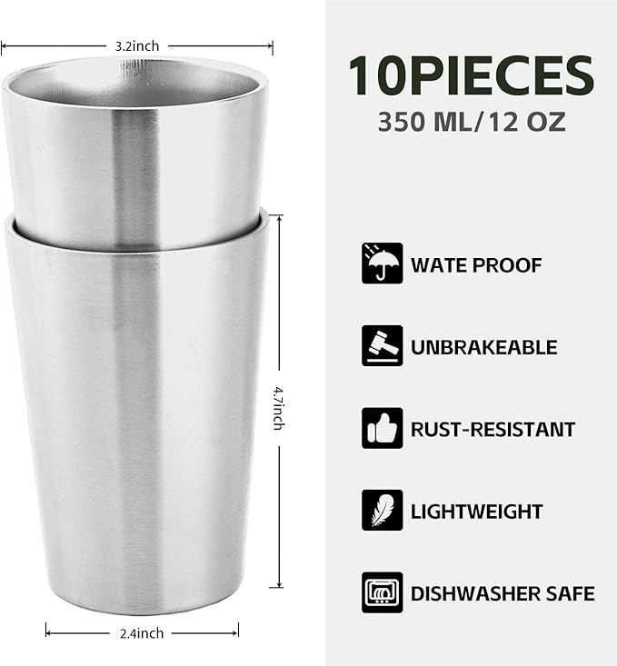 10 Pack 12 oz Stainless Steel Insulated Cup, Double Wall Vacuum Small Metal Cup, Reusable Camping Cups Unbreakable Indoor Outdoor for Party, Home, Office, BBQ, Sliver