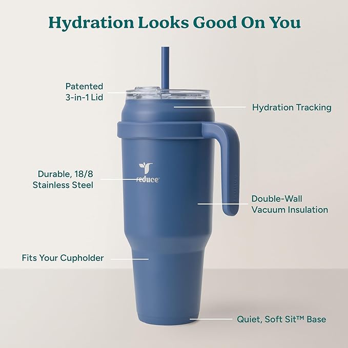 Reduce 50 oz Stainless Steel Tumbler with Handle-Dual-Wall Vacuum Insulated Travel Mug, Sweat-Proof Lid & Reusable Straw - Keeps Drinks Cold for 24 Hrs, Fits Cupholders, Dishwasher Safe-Elemental Blue