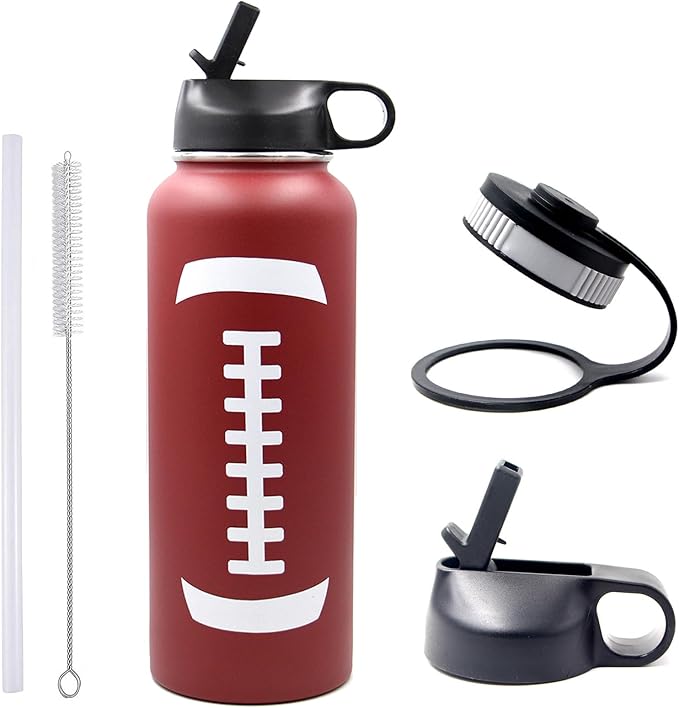 40 oz Football Water Bottle, Metal Thermo Travel Tumbler Sports Flask with 2 Lids, Stainless Steel Double Wall Vacuum Leak Proof Insulated Water Jug, Football Accessories Gifts for Mom Men Boys Girls