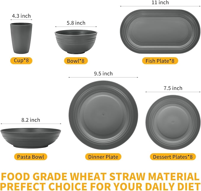 Lazycorner 48-Pcs Kitchen Wheat Straw Dinnerware Set, Service for 8, Plastic Reuasble Dinner Dishes Serving Plate Set for Kitchen, Including Dinner Plate, Dessert Plate, Bowl, Cup(Grey)