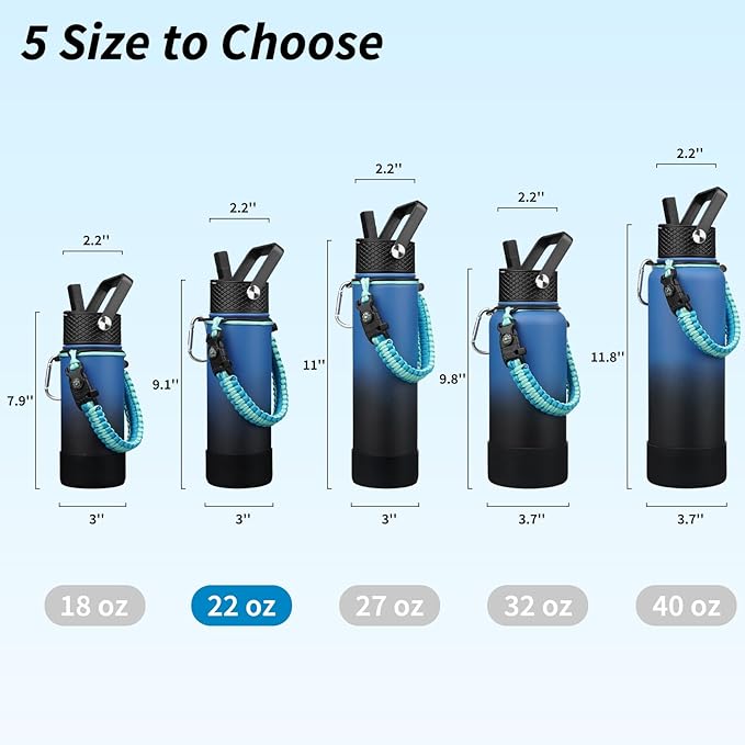 BJPKPK Insulated Water Bottle with Straw Lid, 22oz Thermo Water Bottles with 3 Lids, Paracord Handle & Non-slip Boot, BPA Free Leak Proof Stainless Steel Tumblers,Blue Black