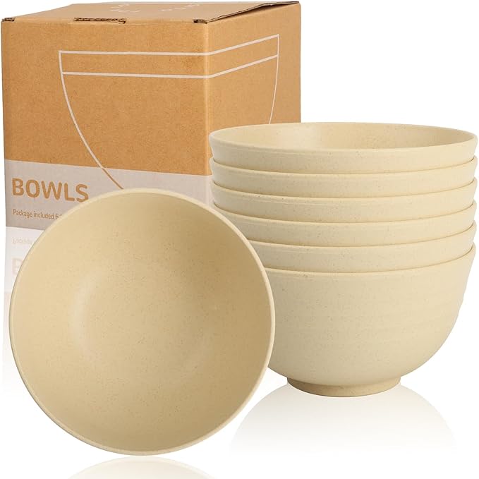 Wrova 6-piece Wheat Straw Bowls sets 26oz,Alternative Plastic Bowls Reusable for indoors and outdoors,Microwave-able and Dishwasher Safe Bowls Sets Easy to Clean.Beige Series