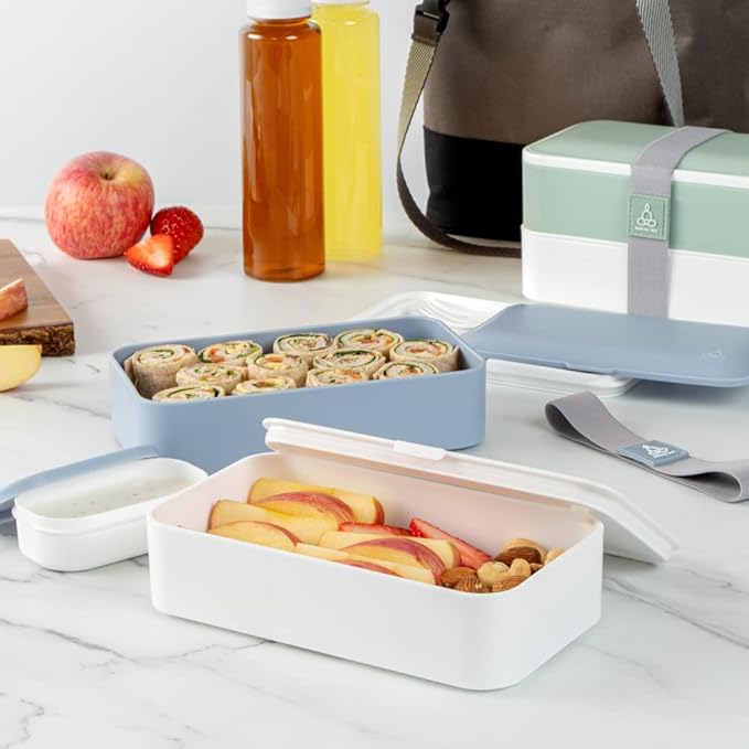 Restaurantware Bento Tek 40.5 Ounces Stackable Lunch Box 1 Reusable Adult Lunch Container - With Utensils Included Sauce Cup Blue & White Plastic Layered Lunch Box Microwavable Dishwashable