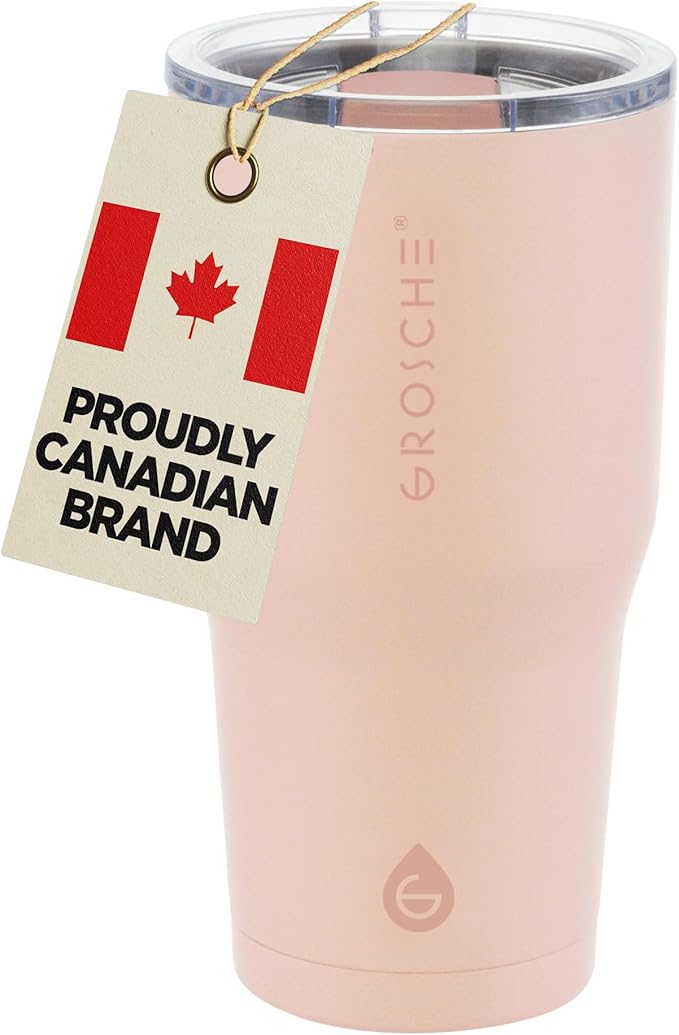 GROSCHE Yukon 20 oz Insulated Coffee Mug with Lid - Durable Travel Mug, Stainless Steel Tumblers, Vacuum Insulated Coffee Tumbler for Hot or Cold Beverages - PINK