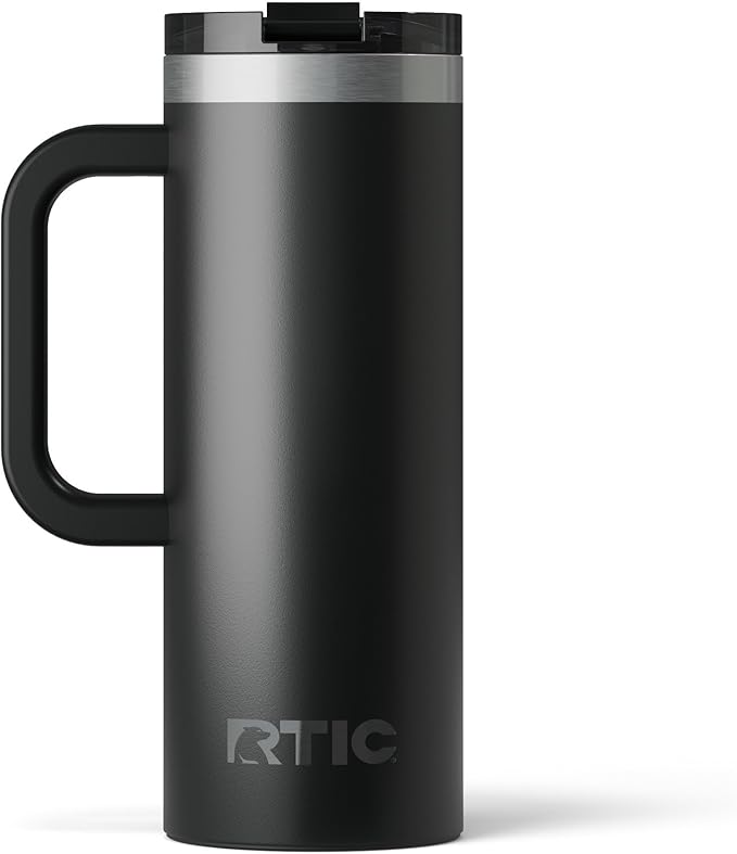 RTIC 20oz Road Trip Travel Mug with Lid and Handle, Ceramic Lined, Insulated, Stainless Steel, Metal, Double Wall Vacuum-Insulation, Portable Coffee, Tea Cup for Hot and Cold Drink, Black