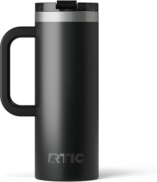 RTIC 20oz Road Trip Travel Mug with Lid and Handle, Ceramic Lined, Insulated, Stainless Steel, Metal, Double Wall Vacuum-Insulation, Portable Coffee, Tea Cup for Hot and Cold Drink, Black
