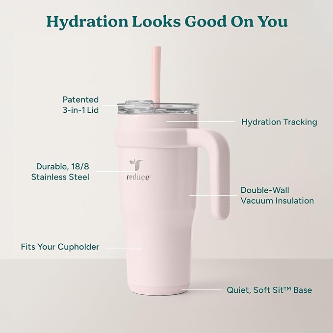 REDUCE 24 oz Stainless Steel Tumbler with Handle - Dual-Wall Vacuum Insulated Travel Mug, Sweat-Proof Lid & Reusable Straw - Keeps Drinks Cold for 24 Hrs, Fits Cupholders, Dishwasher Safe-Pink Cotton