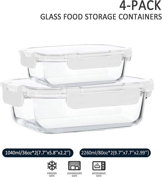 [80 oz & 36 oz]Extra Large Glass Food Storage/Baking Containers Set with Lids, 2 Pack 80 oz(10 cup)&2 Pack 36 oz (4.5 cup)Airtight Glass Container,Microwave,Oven,Freezer and Dishwasher, White