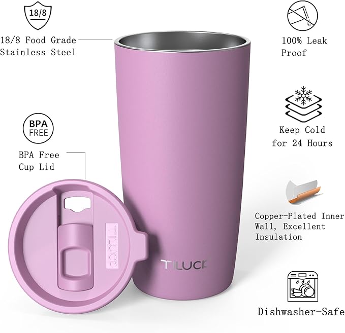 TILUCK 20 oz Tumbler with Leak-Proof Lid, Vacuum Insulated Stainless Steel Coffee Mug, Double-Walled Travel Tumbler for Hot and Cold Drinks(Lilac, 20oz)